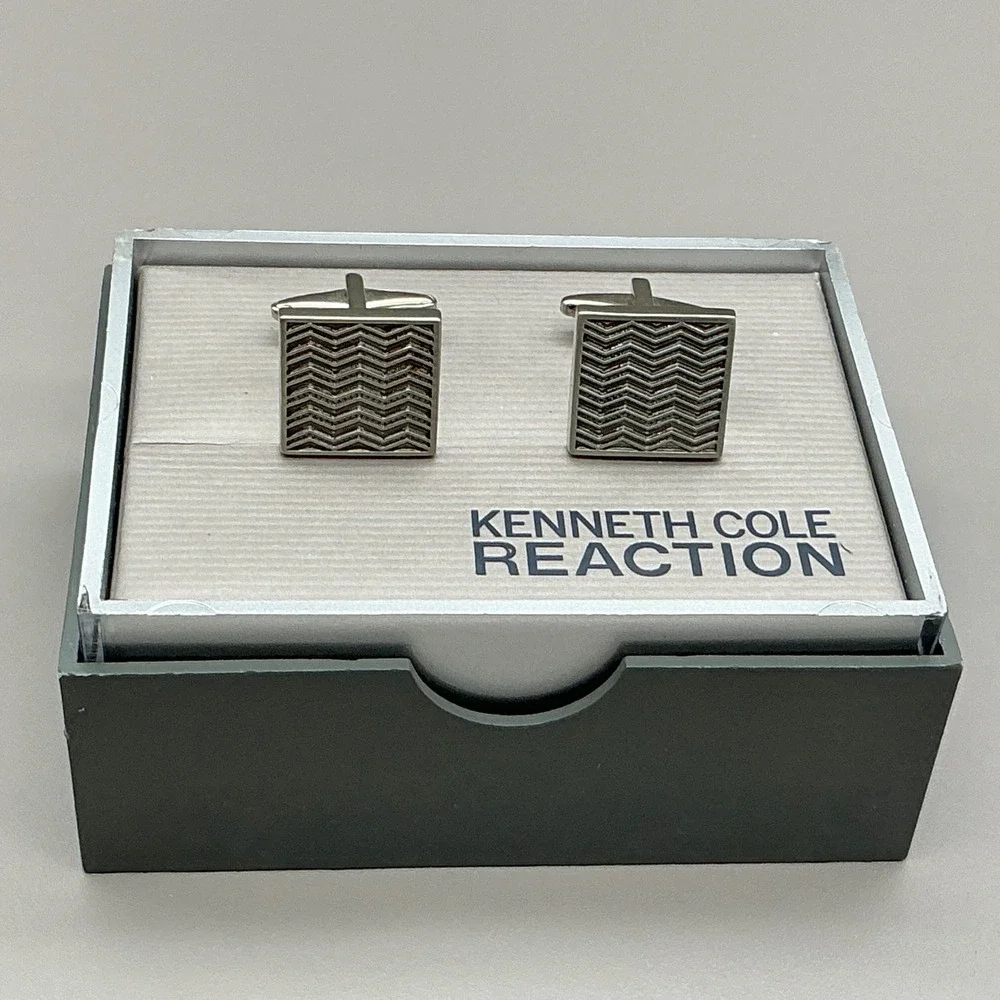 Kenneth Cole Reaction Cufflinks Silver Tone Chevron Square Mens Gift Box